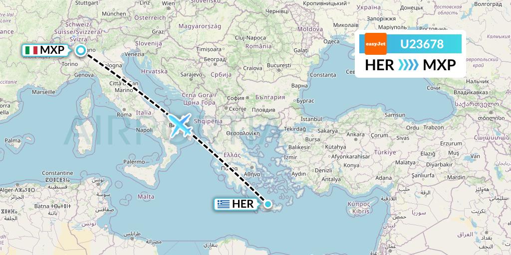 U23678 EasyJet Flight Map: Heraklion to Milan