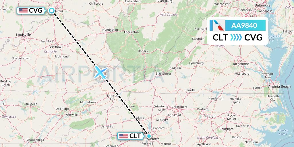 AA9840 American Airlines Flight Map: Charlotte to Cincinnati