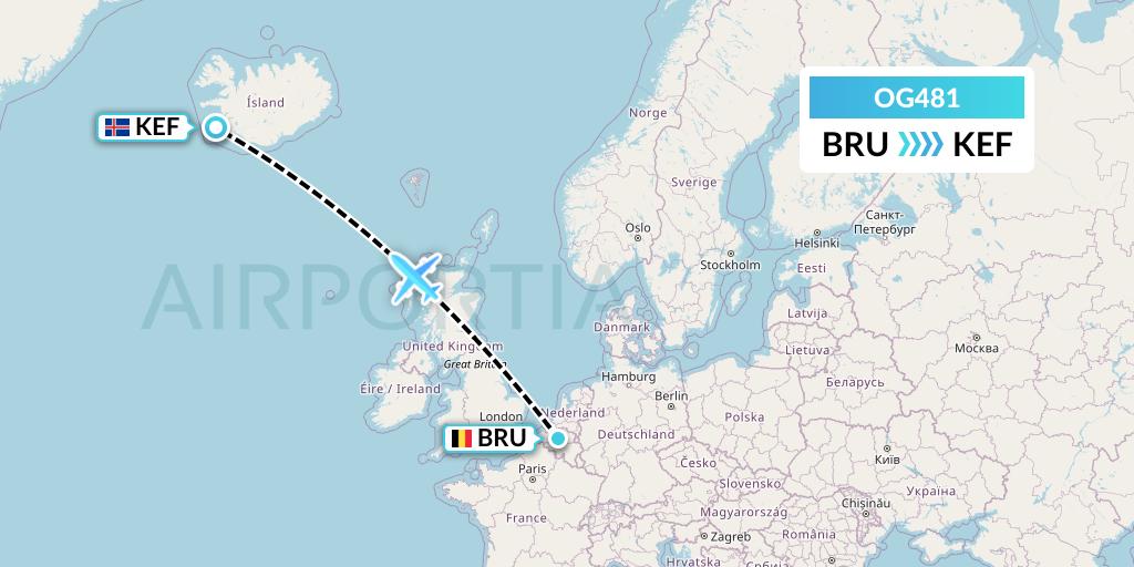 OG481 Fly Play Flight Map: Brussels to Reykjavik