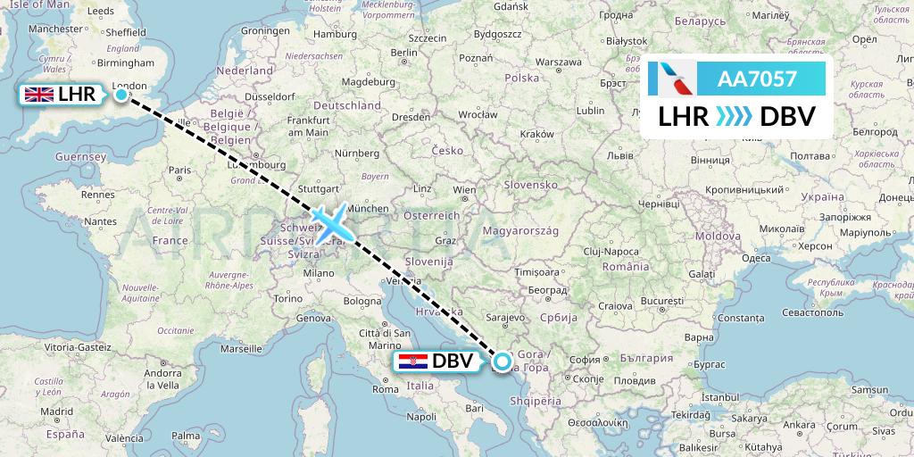 AA7057 American Airlines Flight Map: London to Dubrovnik