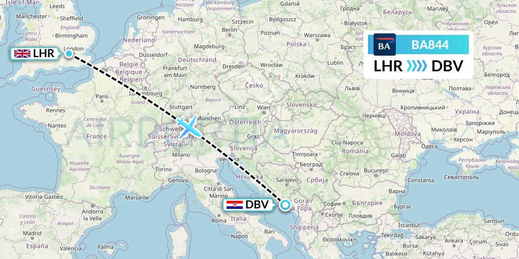 BA844 British Airways Flight Map: London to Dubrovnik