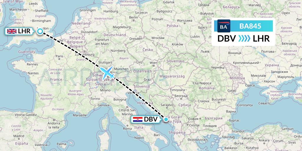 BA845 British Airways Flight Map: Dubrovnik to London