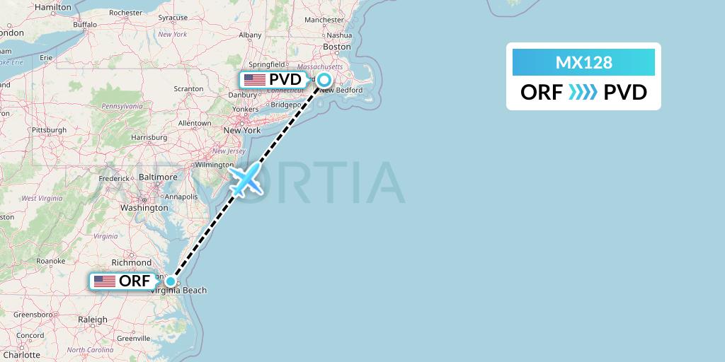 MX128 Breeze Airways Flight Map: Norfolk to Providence