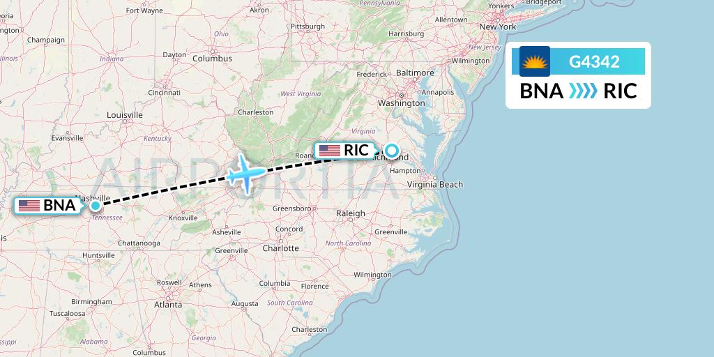 G4342 Allegiant Air Flight Map: Nashville to Richmond
