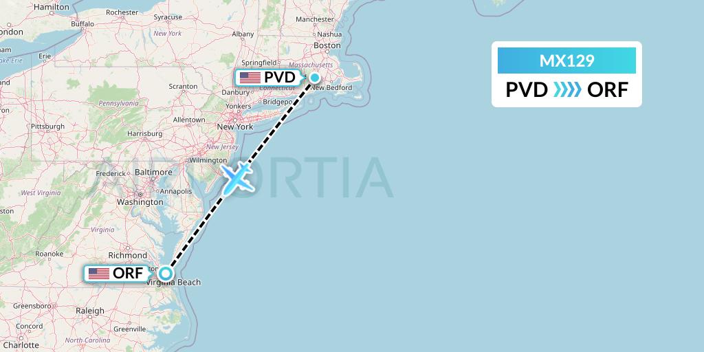 MX129 Breeze Airways Flight Map: Providence to Norfolk