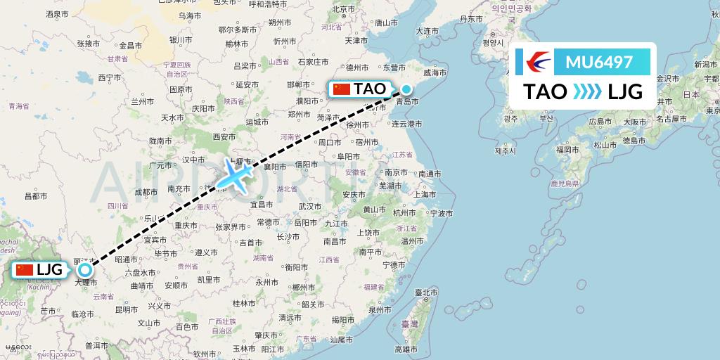 MU6497 China Eastern Airlines Flight Map: Qingdao to Lijiang