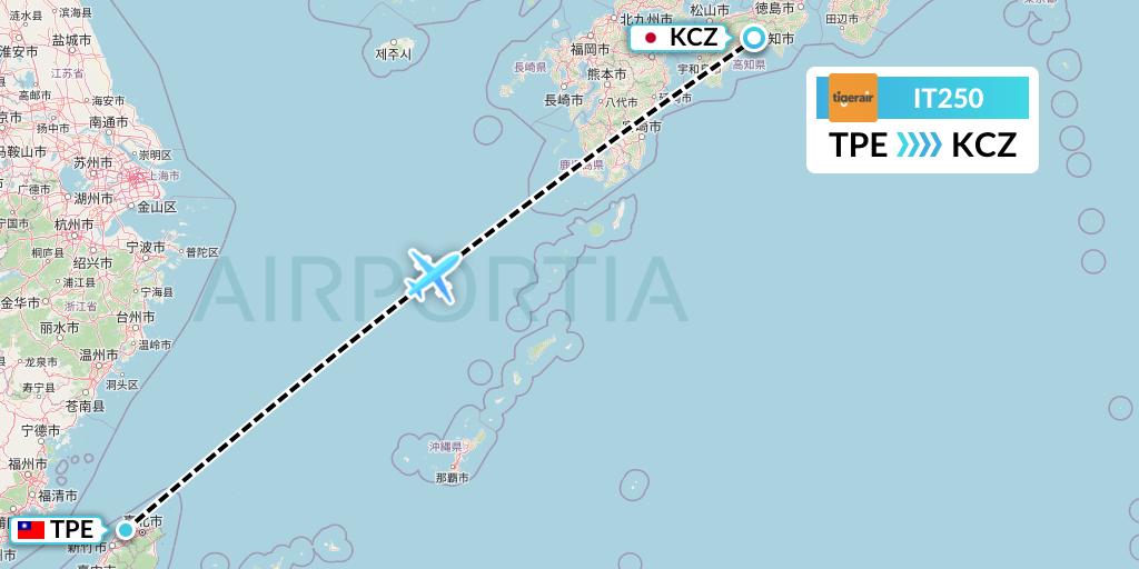IT250 Tigerair Taiwan Flight Map: Taipei to Nankoku