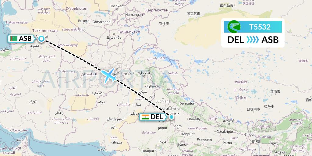 T5532 Turkmenistan Airlines Flight Map: Delhi to Ashgabat
