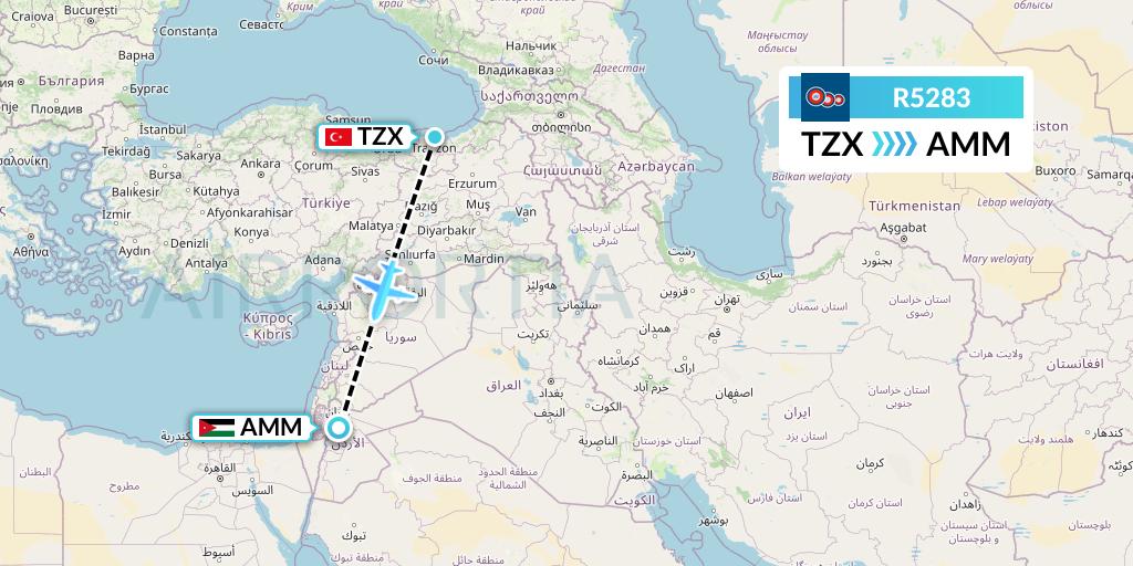 R5283 Jordan Aviation Flight Map: Trabzon to Amman