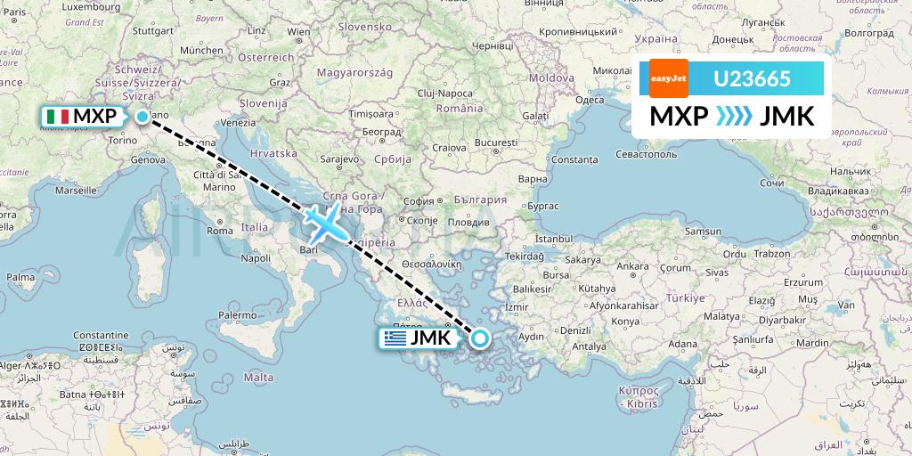 U23665 EasyJet Flight Map: Milan to Mykonos