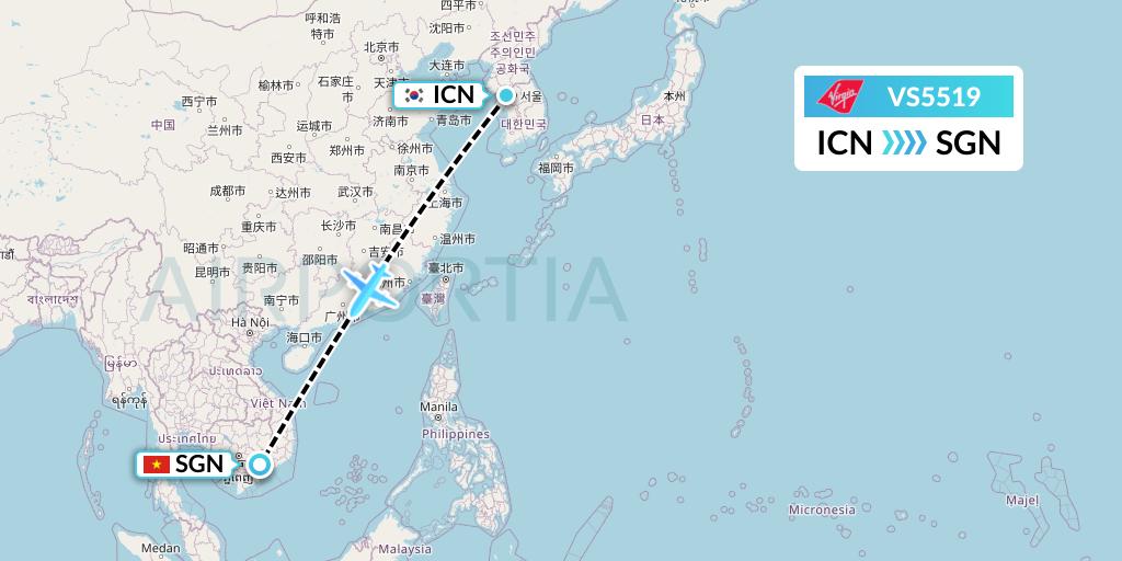 VS5519 Virgin Atlantic Airways Flight Map: Seoul to Ho Chi Minh City
