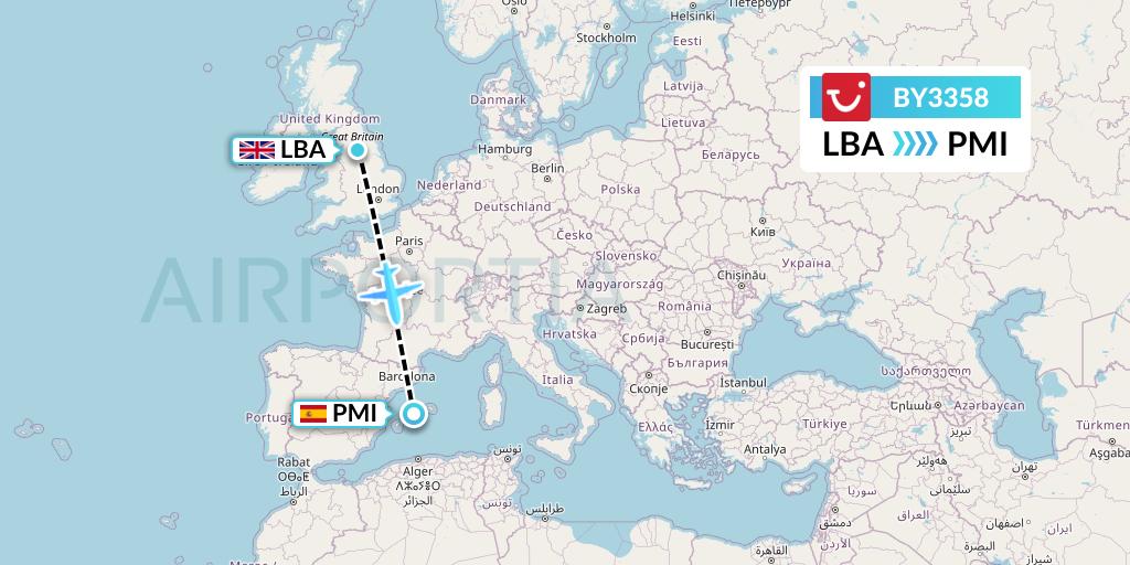 BY3358 TUI Airways Flight Map: Leeds to Palma de Mallorca