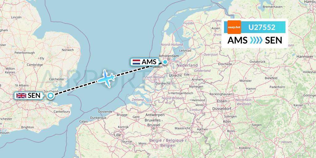 U27552 EasyJet Flight Map: Amsterdam to Southend
