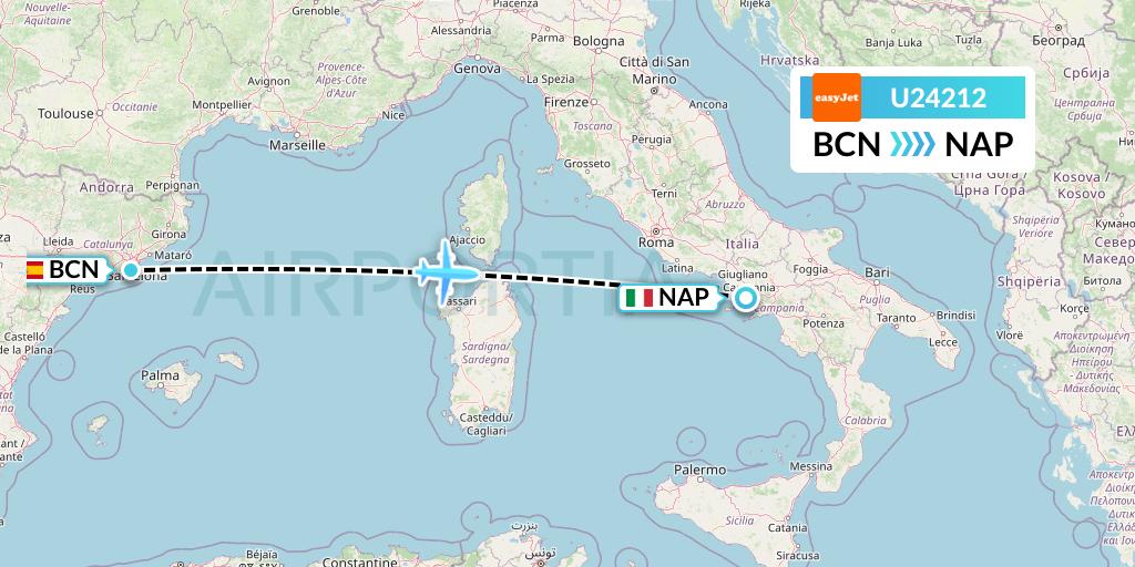 U24212 EasyJet Flight Map: Barcelona to Naples