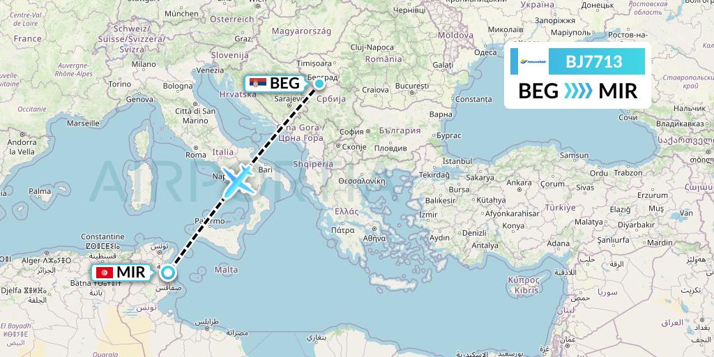 BJ7713 Nouvelair Tunisie Flight Map: Belgrade to Monastir