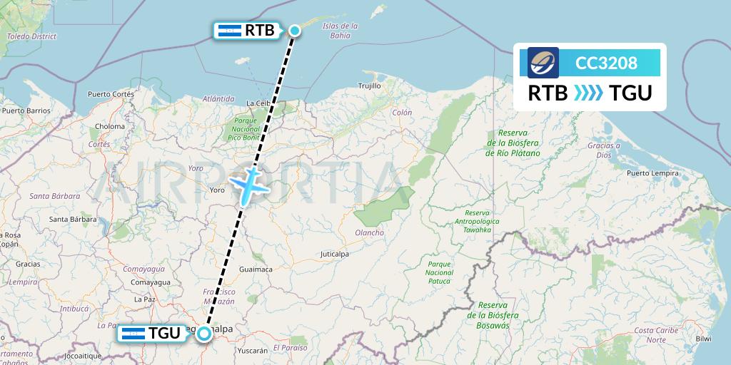CC3208 CM Airlines Flight Map: Roatan to Tegucigalpa