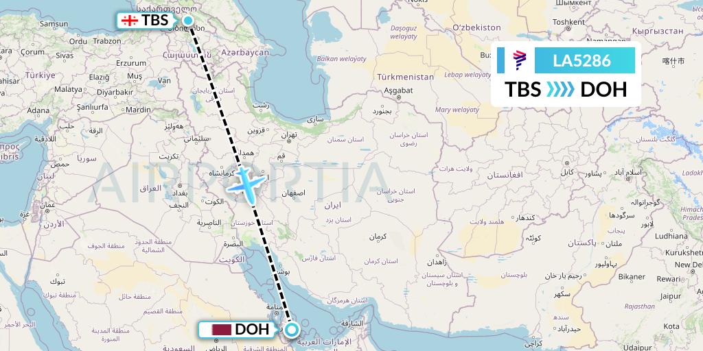 LA5286 LAN Airlines Flight Map: Tbilisi to Doha