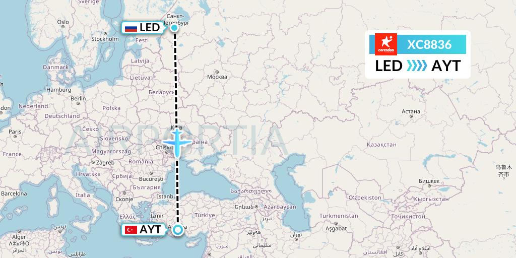 XC8836 Corendon Airlines Flight Map: St. Petersburg to Antalya