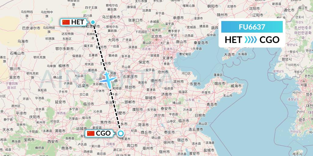 FU6637 Fuzhou Airlines Flight Map: Hohhot to Zhengzhou