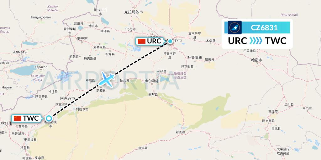 CZ6831 China Southern Airlines Flight Map: Urumqi to Kashgar