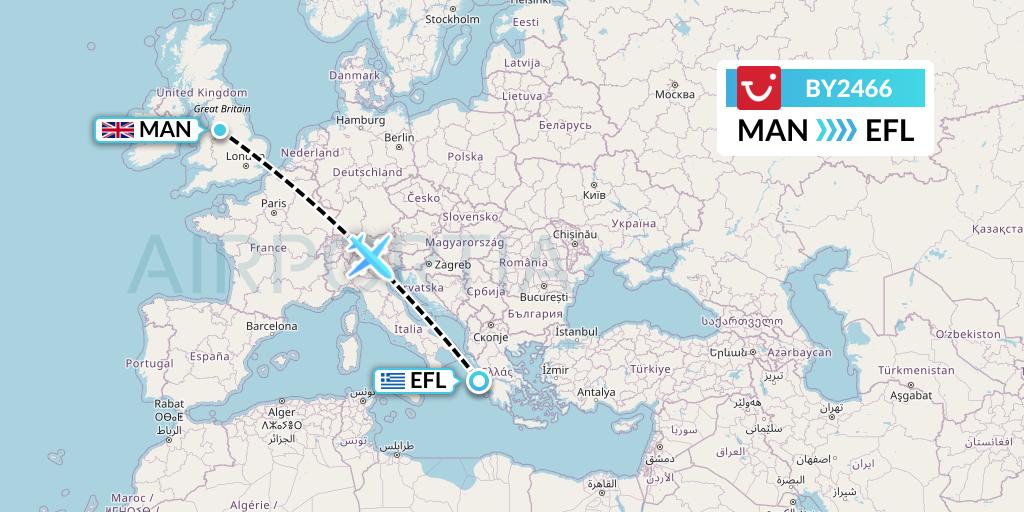 BY2466 TUI Airways Flight Map: Manchester to Kefalonia