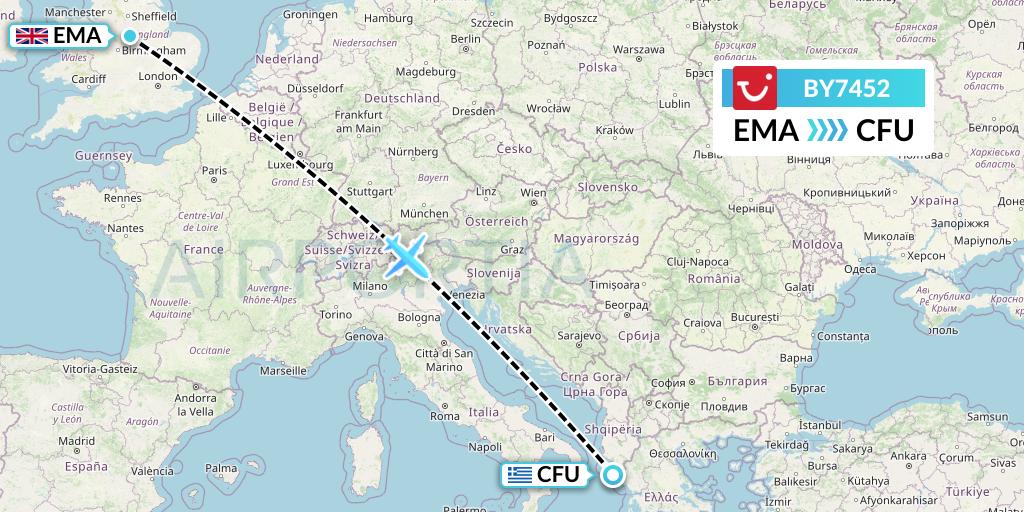 BY7452 TUI Airways Flight Map: East Midlands to Corfu