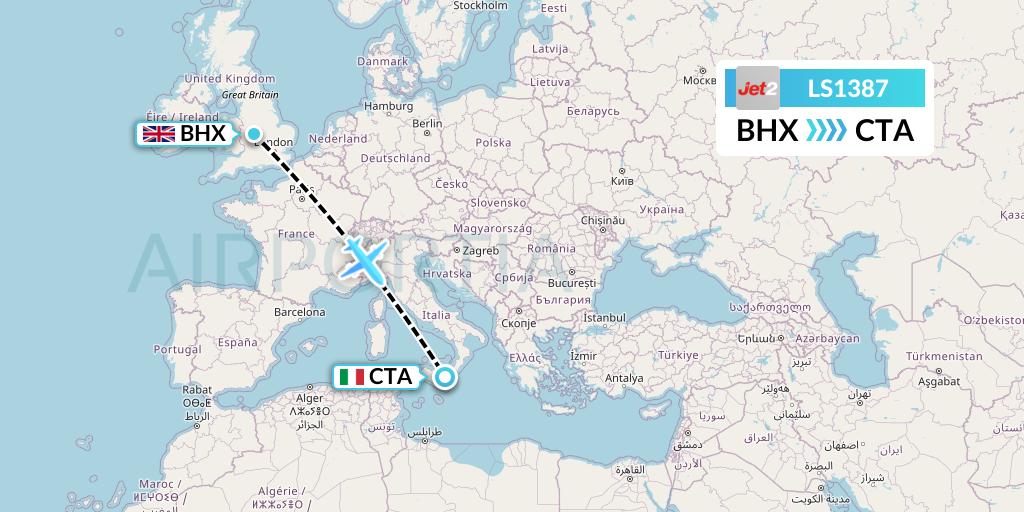 LS1387 Jet2 Flight Map: Birmingham to Catania