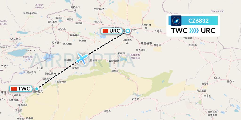 CZ6832 China Southern Airlines Flight Map: Kashgar to Urumqi