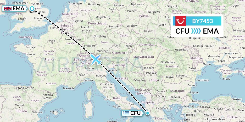 BY7453 TUI Airways Flight Map: Corfu to East Midlands