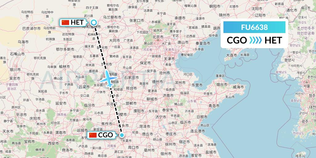 FU6638 Fuzhou Airlines Flight Map: Zhengzhou to Hohhot