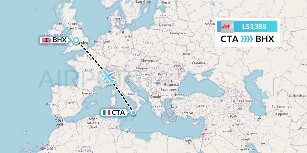 LS1388 Jet2 Flight Map: Catania to Birmingham