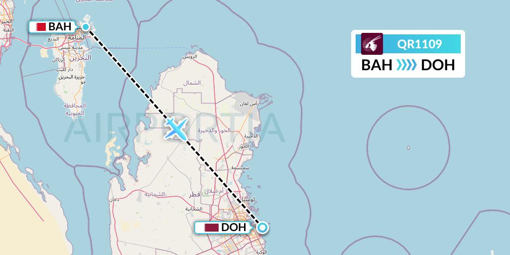 QR1109 Qatar Airways Flight Map: Bahrain to Doha
