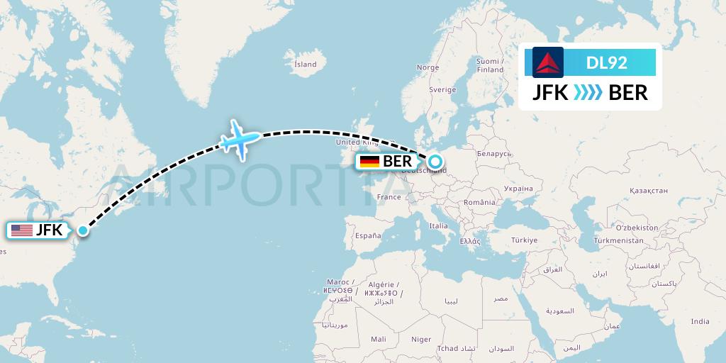 DL92 Delta Air Lines Flight Map: New York to Berlin