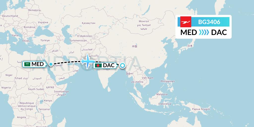 BG3406 Biman Bangladesh Airlines Flight Map: Medina to Dhaka