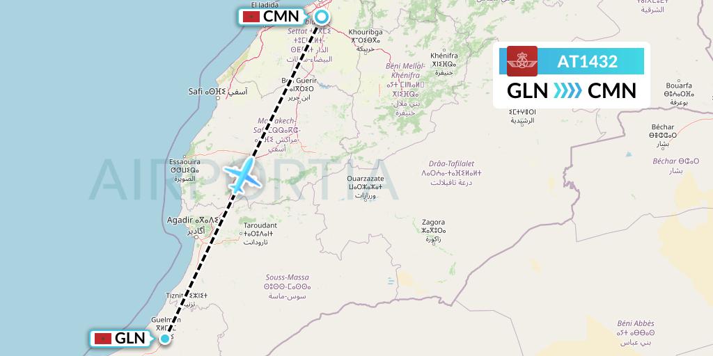 AT1432 Royal Air Maroc Flight Map: Guelmim to Casablanca