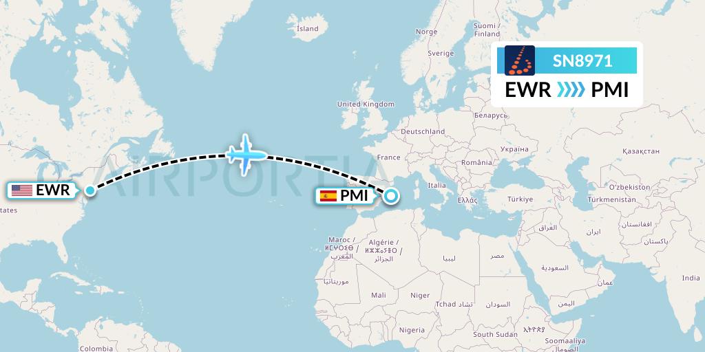 SN8971 Brussels Airlines Flight Map: New York to Palma de Mallorca