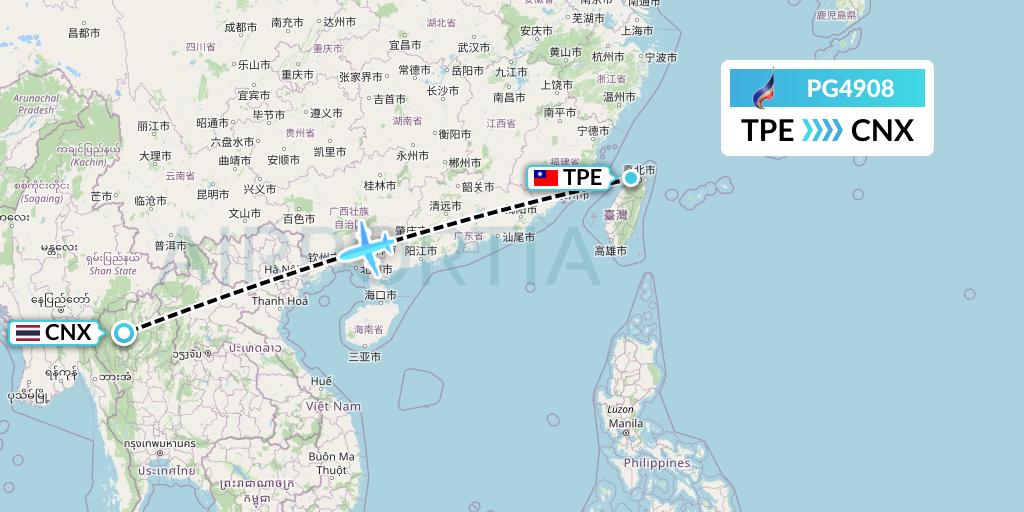 PG4908 Bangkok Airways Flight Map: Taipei to Chiang Mai