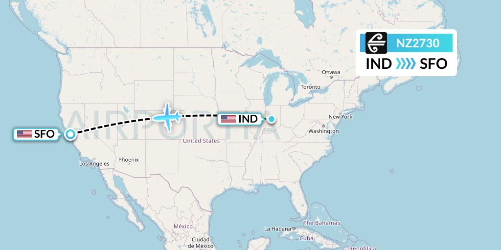 NZ2730 Air New Zealand Flight Map: Indianapolis to San Francisco