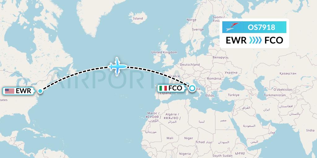 OS7918 Austrian Airlines Flight Map: New York to Rome