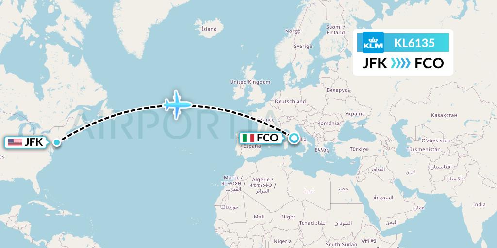 KL6135 KLM Flight Map: New York to Rome