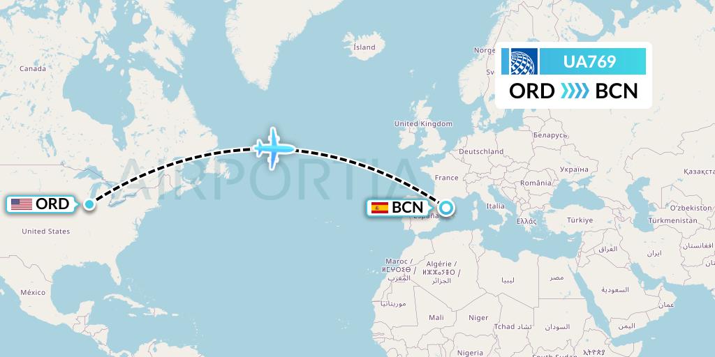 UA769 United Airlines Flight Map: Chicago to Barcelona