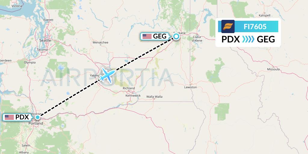 FI7605 Icelandair Flight Map: Portland to Spokane