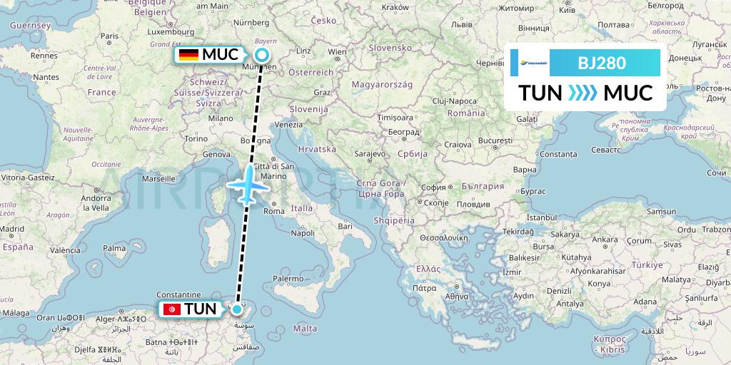 BJ280 Nouvelair Tunisie Flight Map: Tunis to Munich