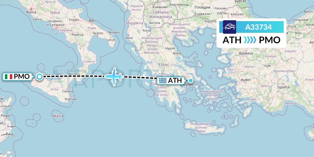 A33734 Aegean Airlines Flight Map: Athens to Palermo