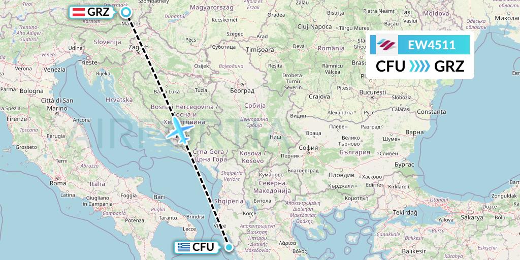 EW4511 Eurowings Flight Map: Corfu to Graz