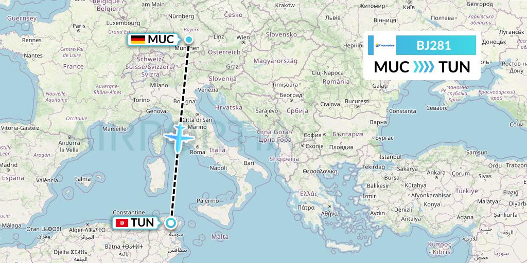 BJ281 Nouvelair Tunisie Flight Map: Munich to Tunis