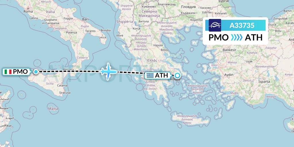 A33735 Aegean Airlines Flight Map: Palermo to Athens