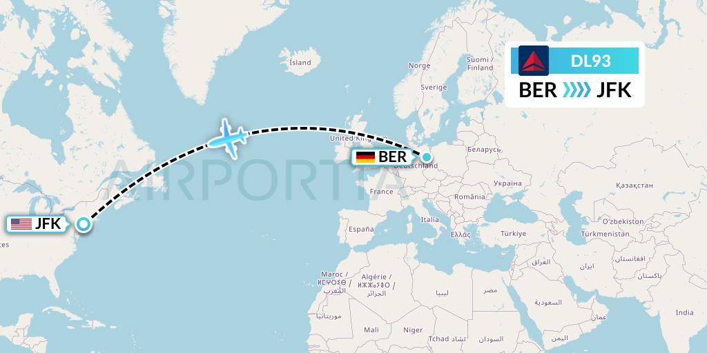 DL93 Delta Air Lines Flight Map: Berlin to New York