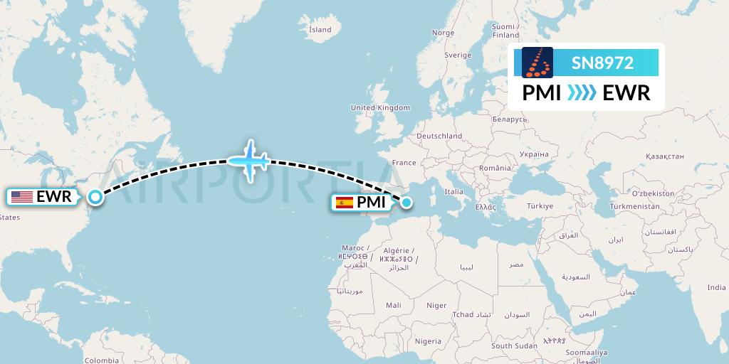 SN8972 Brussels Airlines Flight Map: Palma de Mallorca to New York