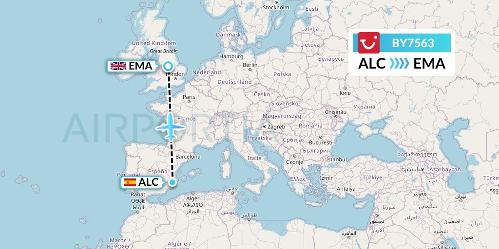 BY7563 TUI Airways Flight Map: Alicante to East Midlands